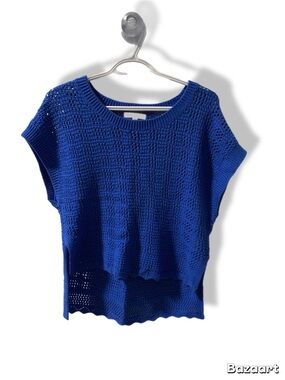 Blue Crochet Knit Short Sleeve Sweater